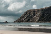 在多云的天空下，喜怒无常的沙滩上，高耸的海崖风景