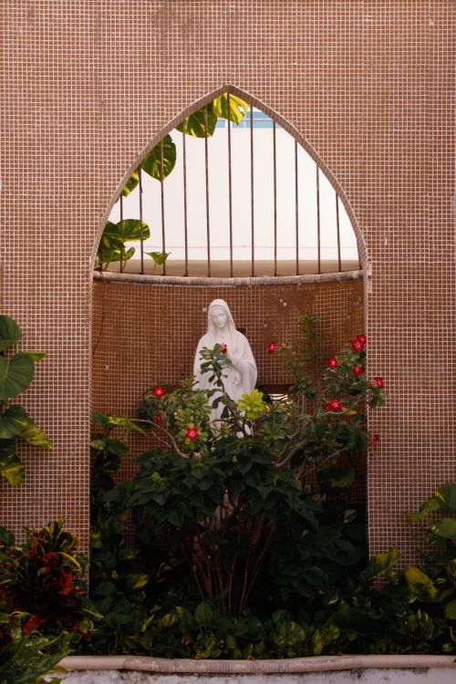 Free A peaceful garden setting featuring a religious statue surrounded by vibrant flowers. Stock Photo