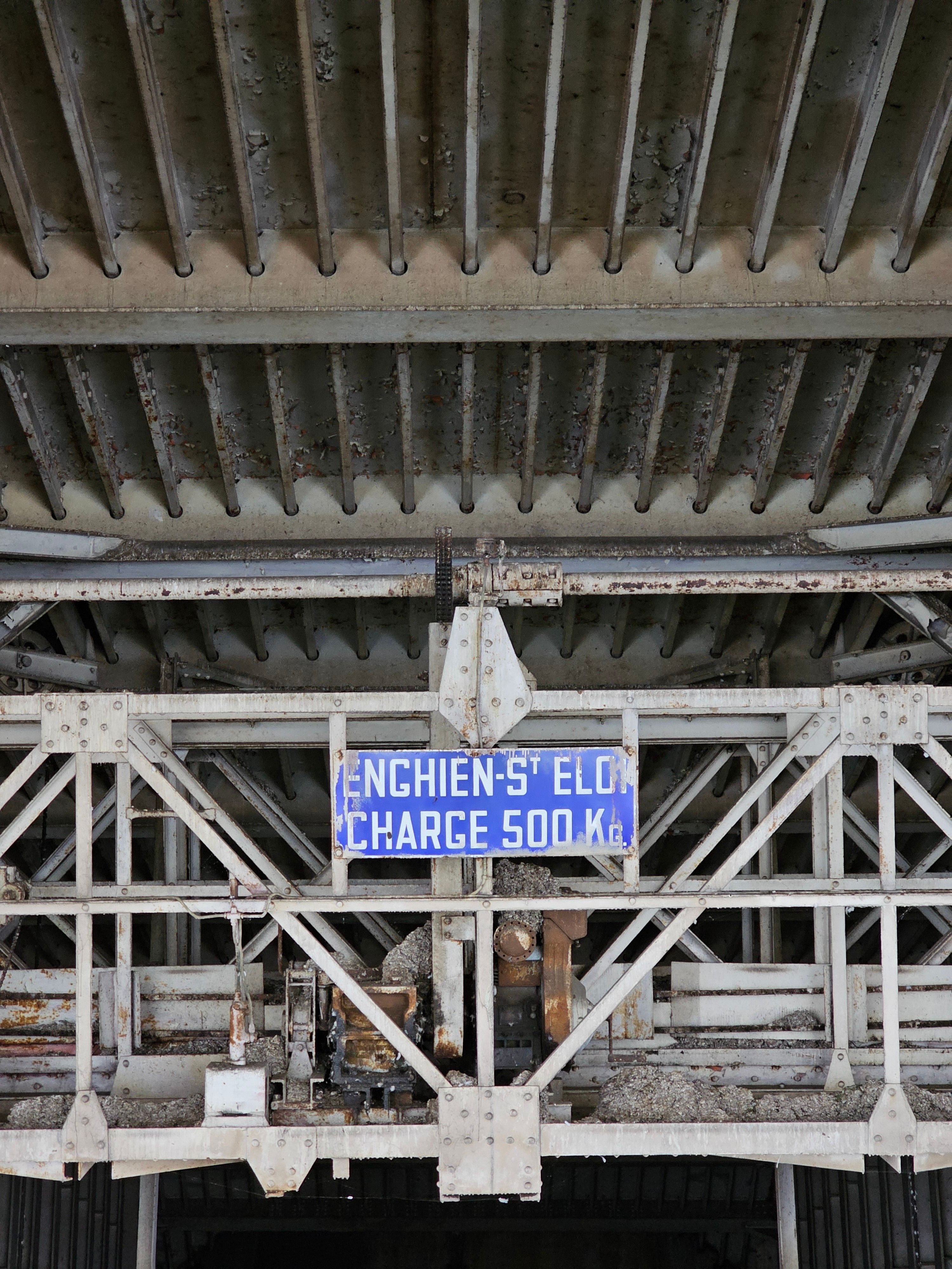 Close-up of industrial bridge support structure in Luik, Belgium.