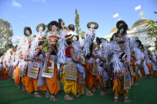 Free A vibrant showcase of traditional Manipuri dance by children in colorful attire in Imphal, India. Stock Photo