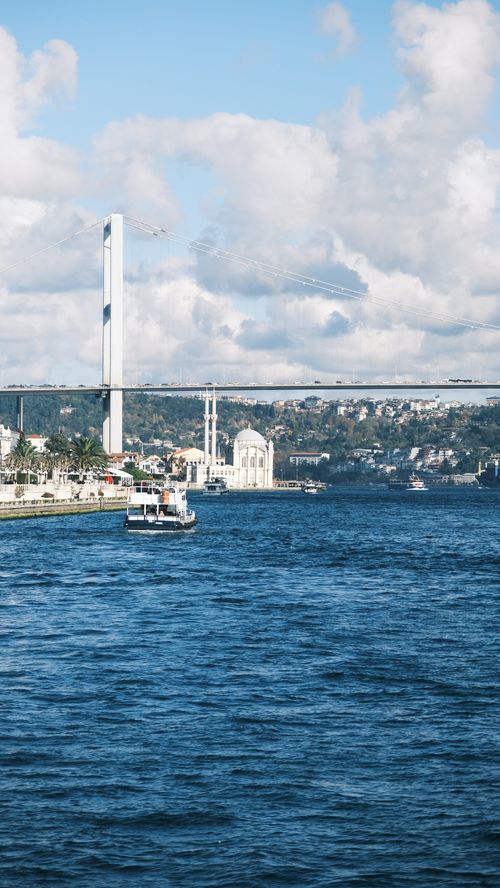 Free A beautiful day scene of the Bosphorus Bridge over the Bosphorus Strait in Istanbul, Turkey. Stock Photo