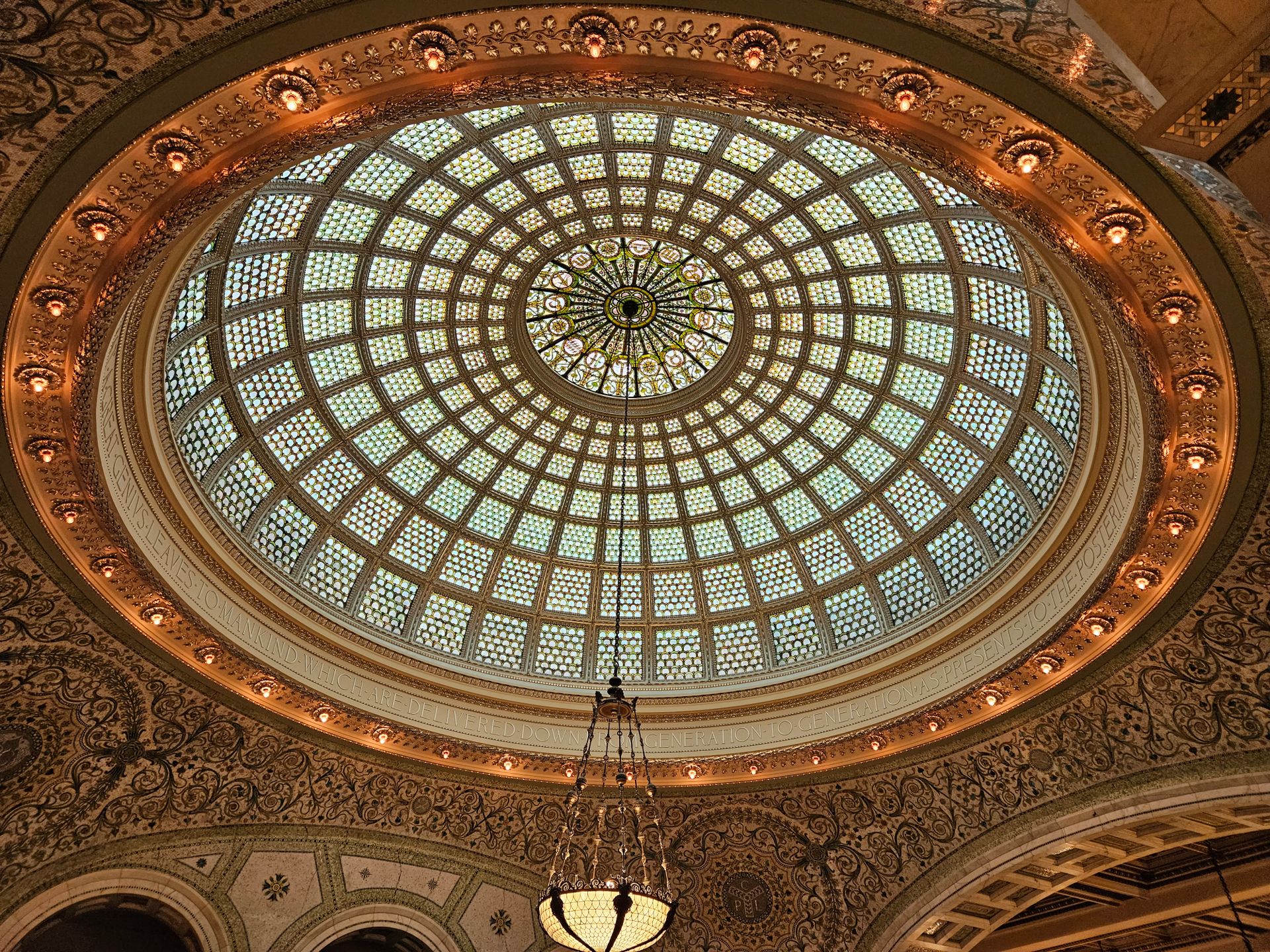 Captivating interior view of the magnificent Tiffany dome at Chicago Cultural Center.