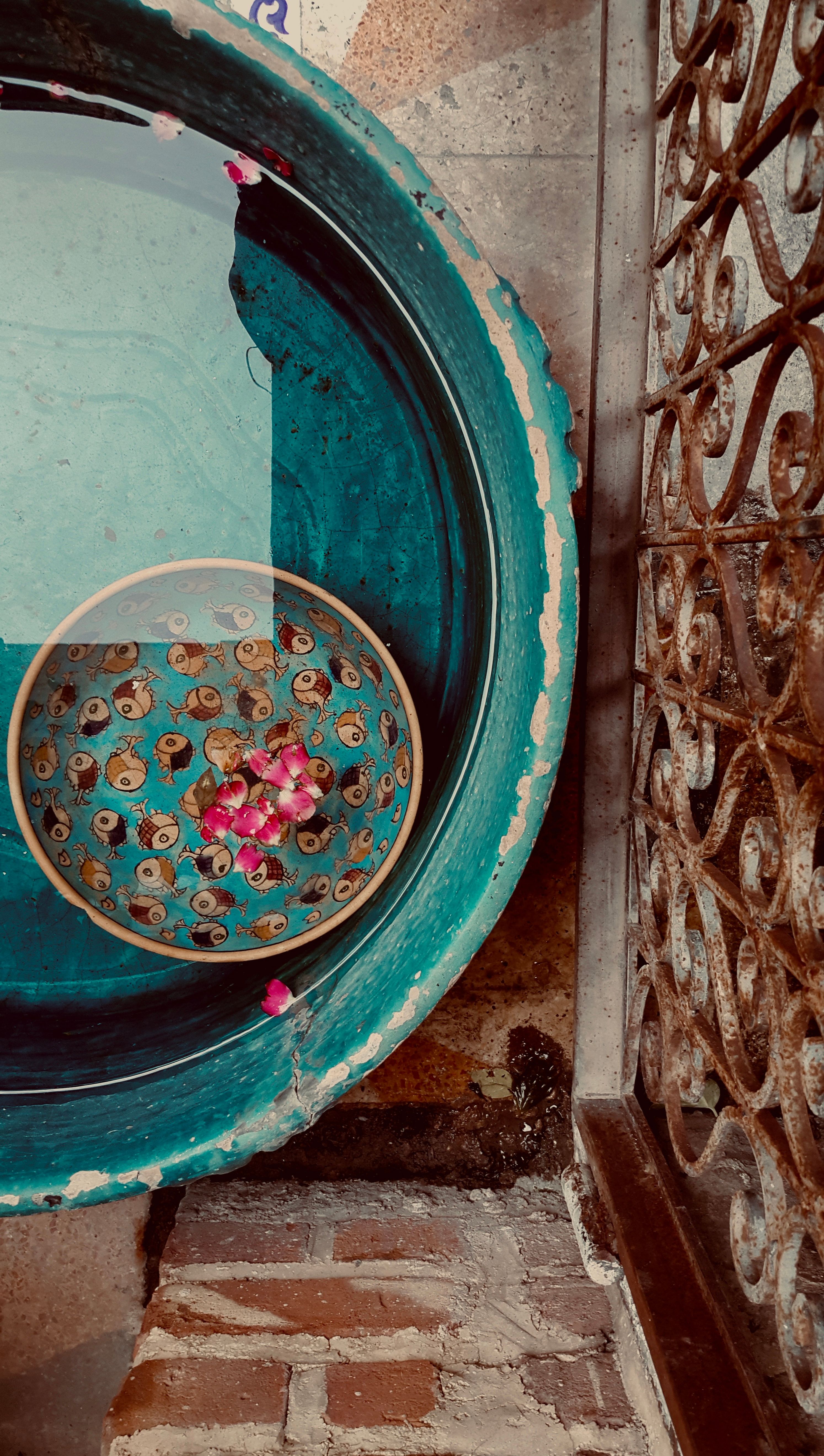Kostenlos Türkisfarbene Schale mit schwimmenden Blumen in einer künstlerischen Teheran-Kulisse. Stock-Foto