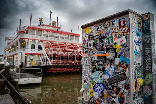 View of the Georgia Queen steamboat and sticker-covered box in Savannah, Georgia.