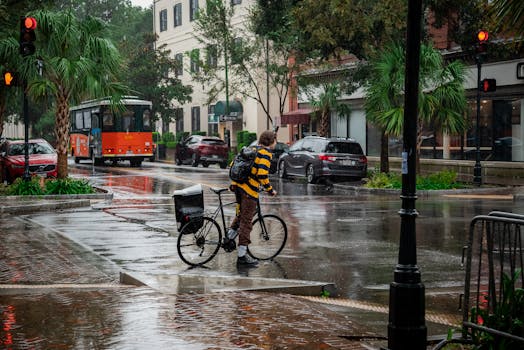 Man with bicycle crossing street in rainy Savannah, Georgia with trolley and palm trees.