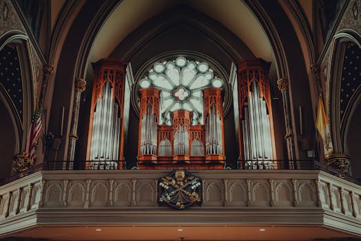 Captivating view of the grand organ inside a historic cathedral in Savannah, Georgia.