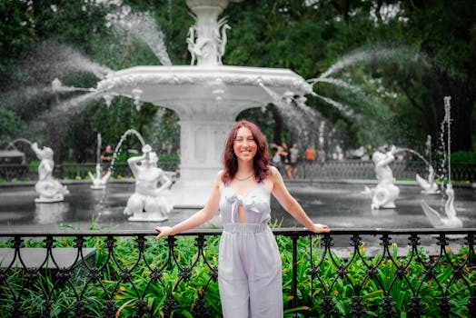 Smiling woman standing in front of Forsyth Park Fountain, Savannah, Georgia. Lush greenery background.