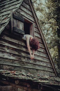 A woman leans out of a rustic wooden house window in a moody, artistic photograph.