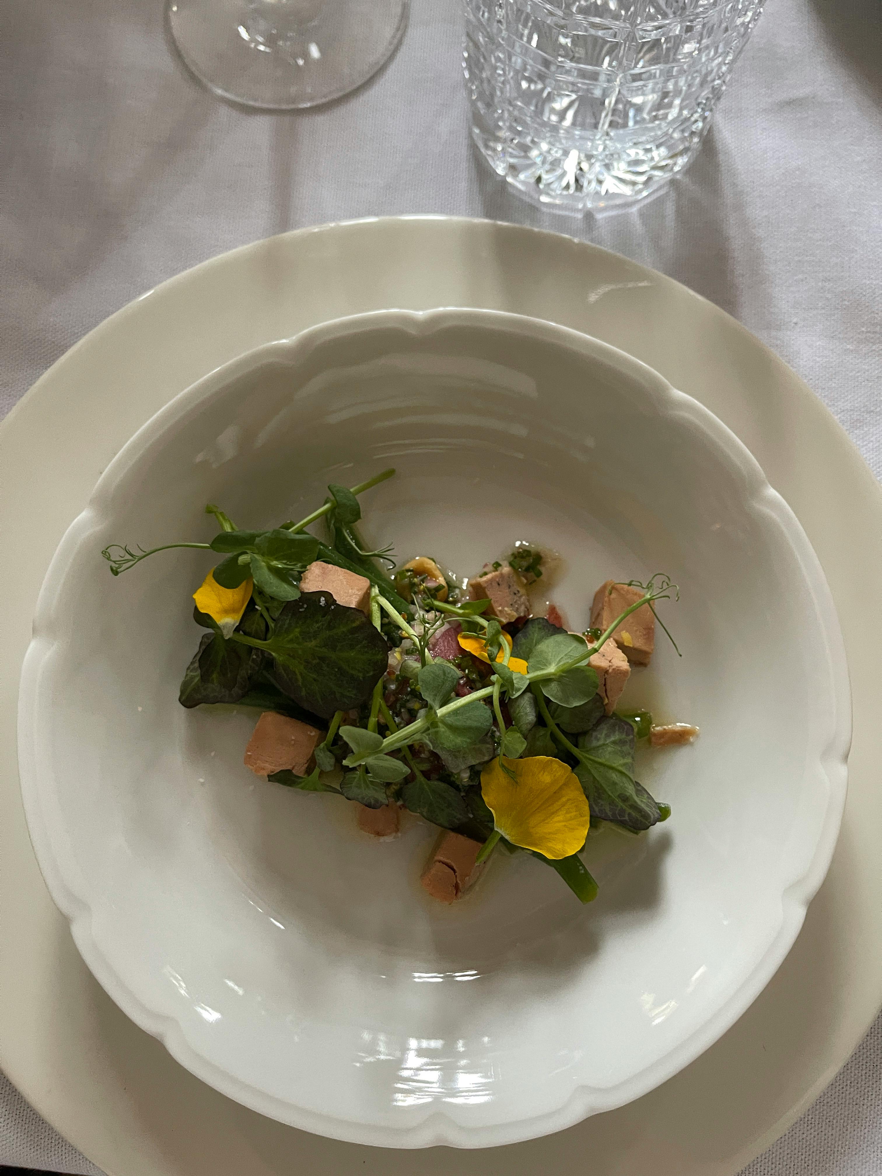 Elegant gourmet salad with greens and edible flowers on a white plate.