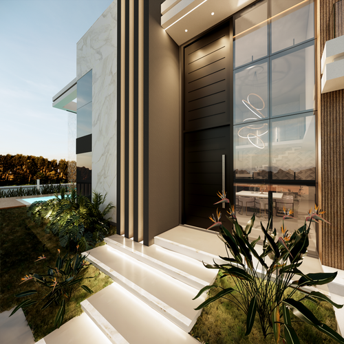 Free Stunning modern house entrance with landscaping and large windows in Brazil. Stock Photo