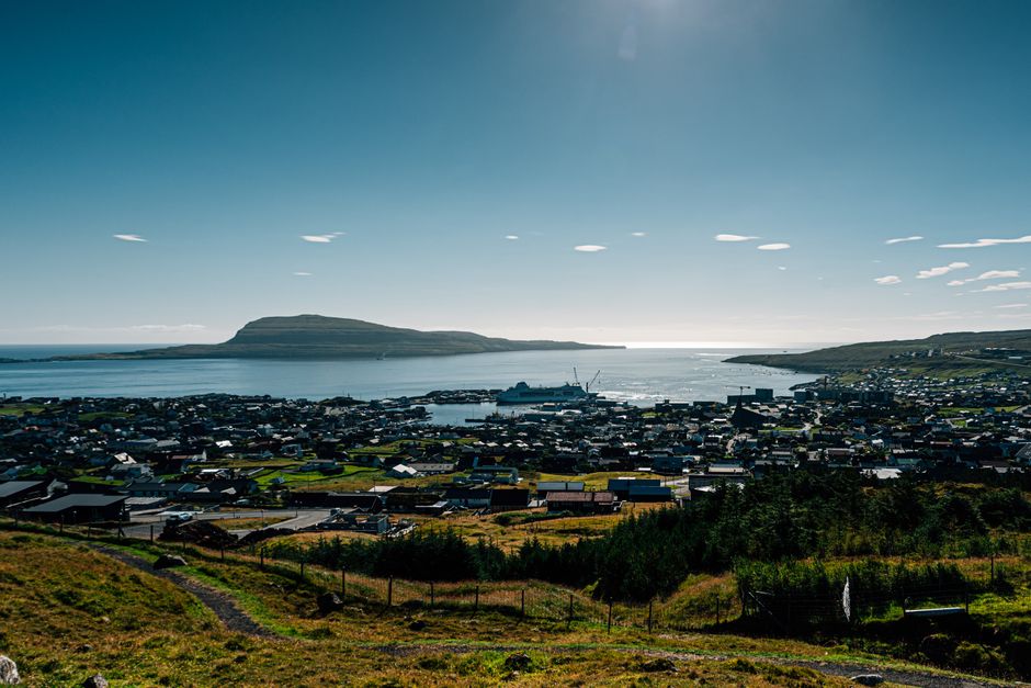 Scenic view of a coastal harbor town with lush greenery and a clear blue sky.