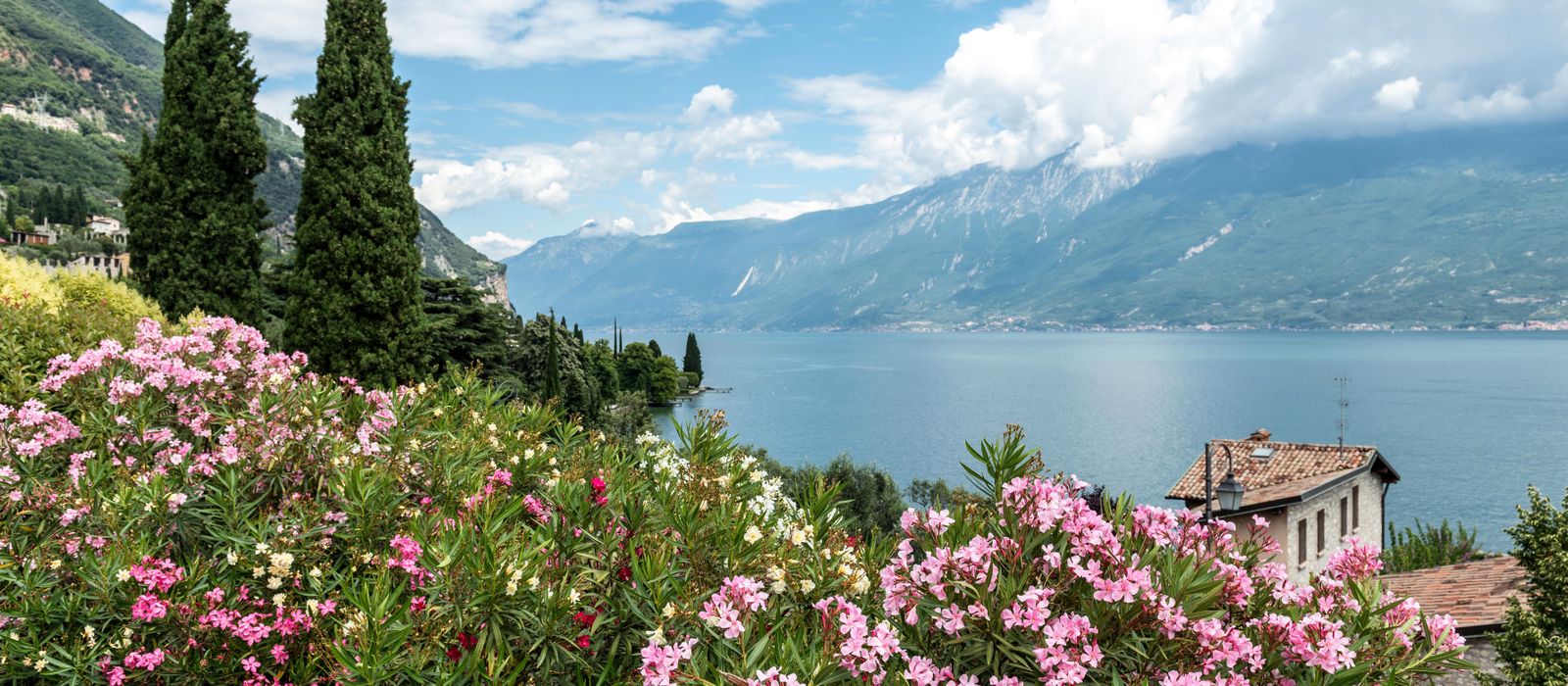 Scenic view of Lake Garda with vibrant flowers and mountains, capturing Italy's idyllic charm.