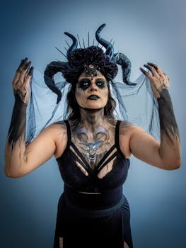 A person in elaborate Halloween makeup and costume with horns and dark attire.