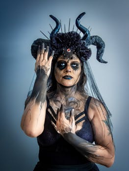 Detailed photo of a person in dark, creative Halloween costume with horns and face paint.