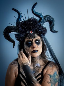 Striking portrait of a woman in an artistic demon-inspired Halloween costume.