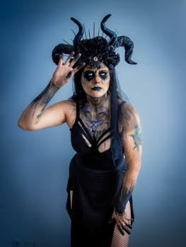Woman in eerie demon costume, Halloween theme, darkness and mystery.
