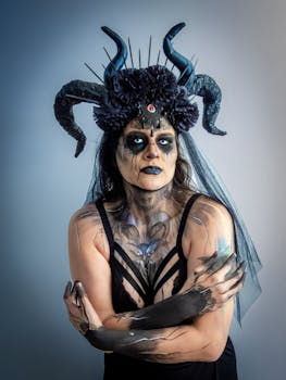 Person in a dramatic, dark costume with striking makeup and horns for Halloween.