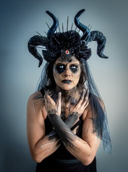A person in a dark fantasy costume with horns, dramatic face paint, and gothic elements.