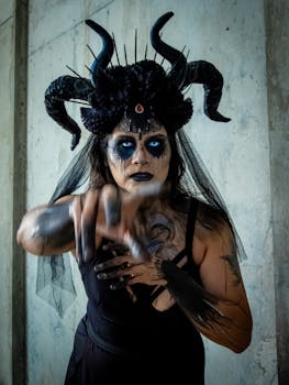 Person in a striking gothic demon costume with intricate horns, perfect for Halloween.