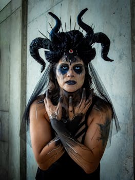 A striking portrait of a woman in an elaborate Halloween costume with dark makeup and horns.