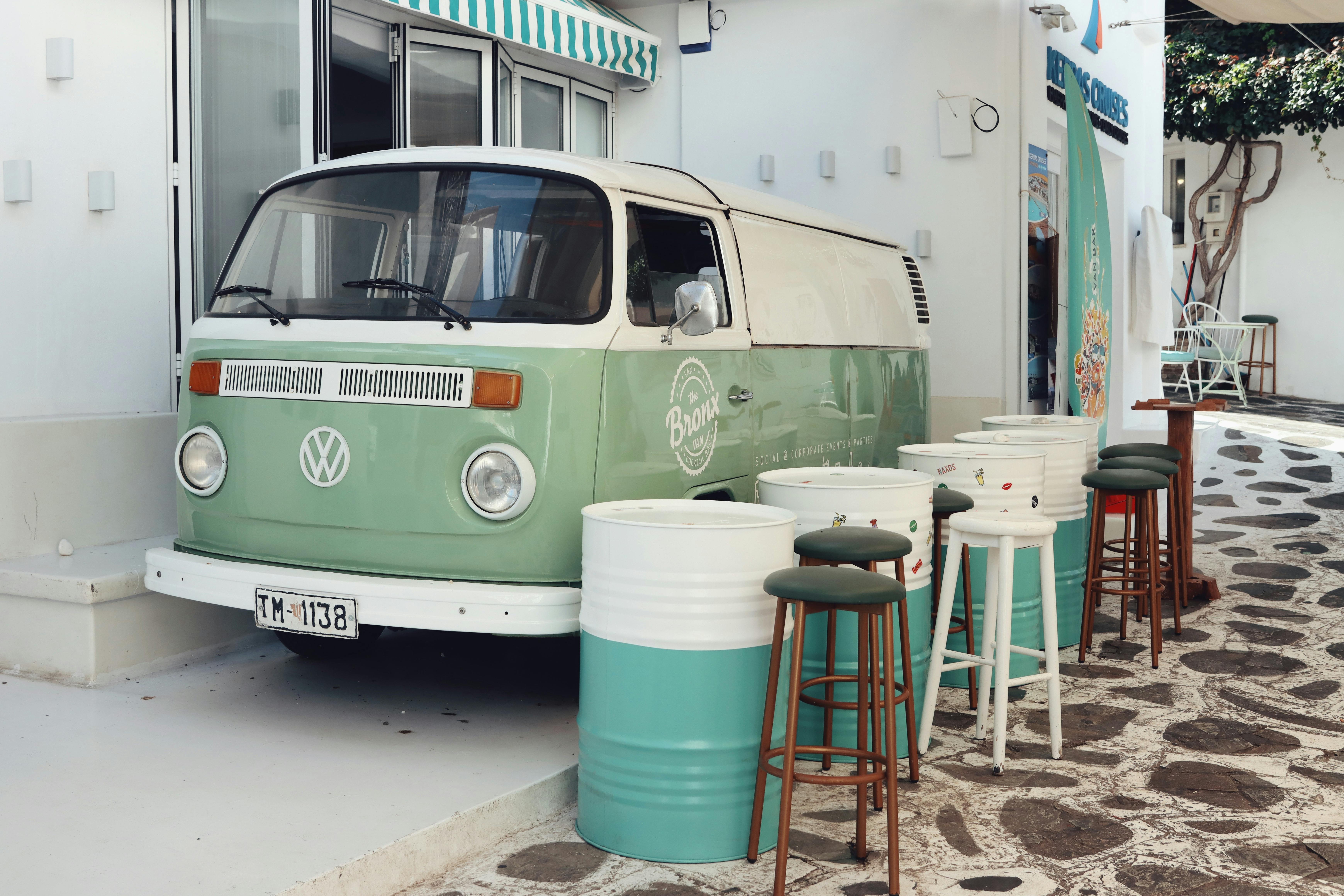 charming aegean cafe with vintage volkswagen in naxos