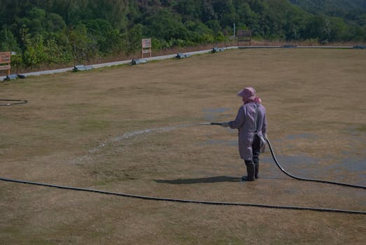 A gardener waters a large lawn using a hose in Shenzhen, China, under sunny conditions.