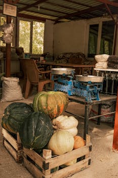 Cozy farmer's market stall with squash and vintage scales.