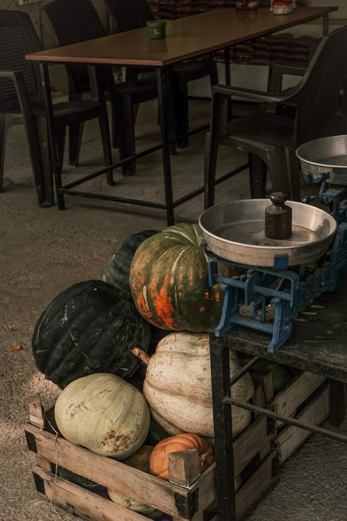 Free A rustic setting featuring pumpkins in a crate and a vintage weighing scale. Stock Photo