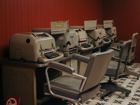 A nostalgic look at a row of vintage typewriters in an office setting with classic chairs.