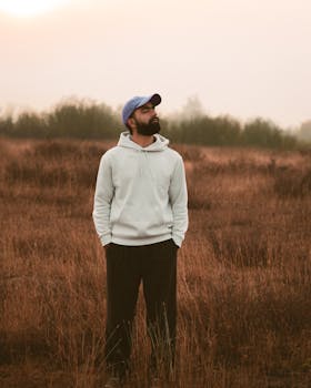 Bearded man in casual wear standing thoughtfully in a field at dusk.