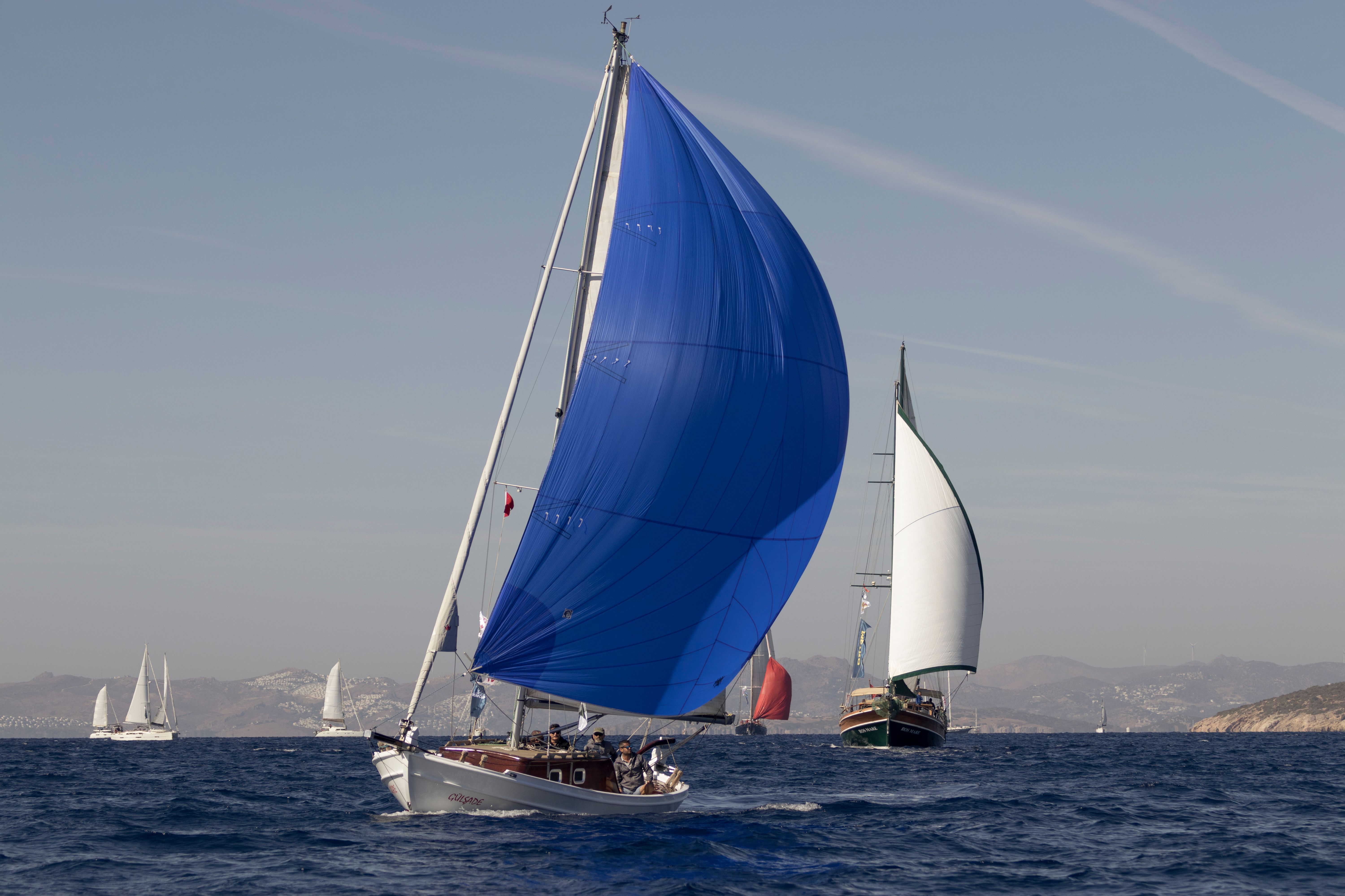 Blue sailboats racing on the ocean with hills in the background, perfect for nautical themes.