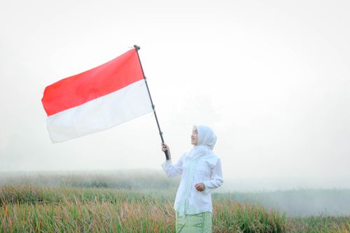 Free Smiling woman in hijab holding Indonesian flag in misty outdoor field. Stock Photo