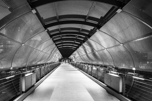 Black and white photo of a futuristic arched walkway at Hamburg's Elbe Bridges station.