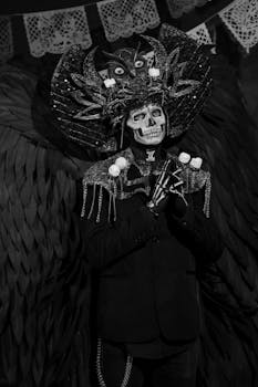 Black and white portrait of a person in elaborate Day of the Dead costume with skull makeup.