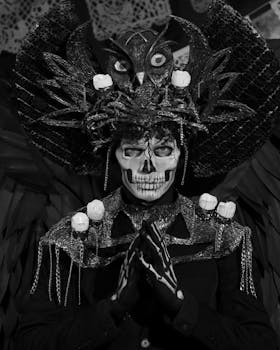 Black and white portrait of a person in an elaborate Day of the Dead costume with skull makeup and ornate headdress.