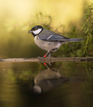 A serene image of a Coal Tit bird standing by water with a clear reflection.