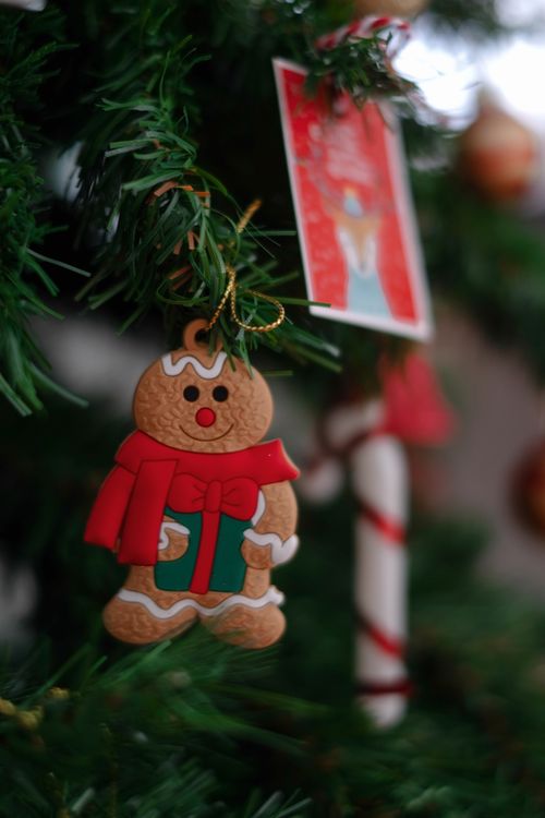 Free A festive gingerbread man ornament on a Christmas tree branch, perfect for holiday decor. Stock Photo