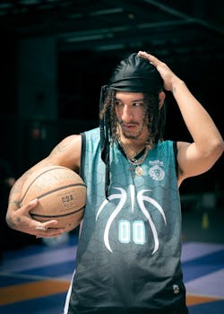 A young man in a sports jersey poses with a basketball indoors, showcasing urban fashion.