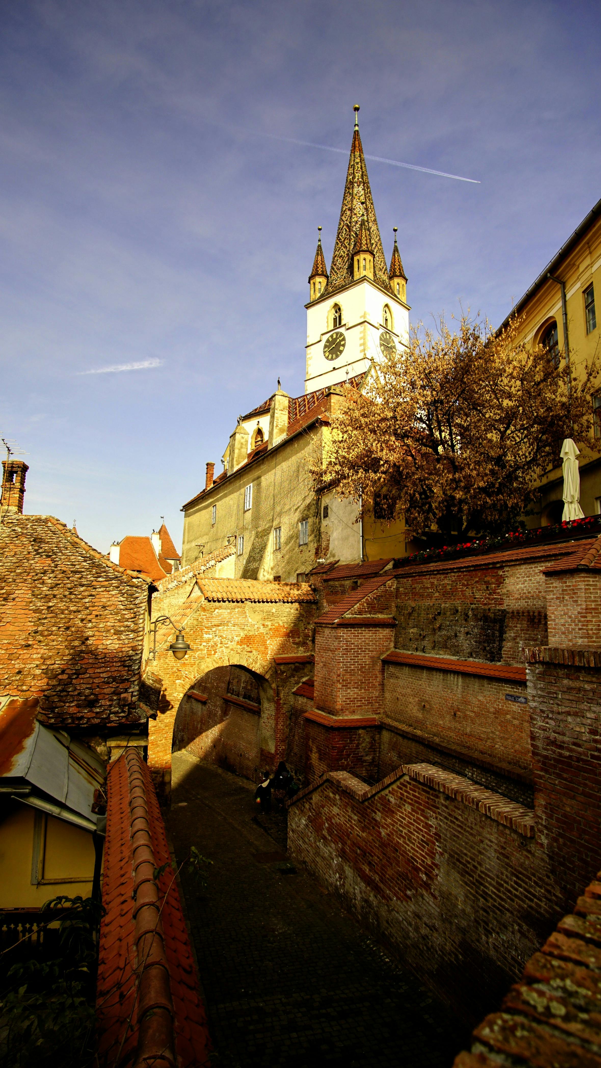 Charming view of a historic European church with a cobblestone path, under a clear sky.