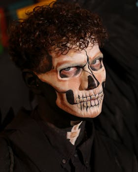 Close-up portrait of a person with detailed skull face paint, perfect for Halloween themes.