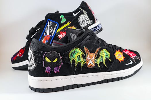 Black sneakers featuring colorful embroidered patches and unique designs on a white background.