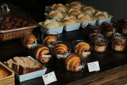 A variety of artisan baked goods on display in a Ho Chi Minh City bakery.