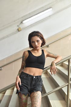 Young tattooed woman in a modern pose leaning on stairs indoors.