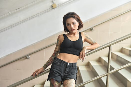 Stylish woman with tattoos poses on a staircase, wearing a black top and denim shorts.