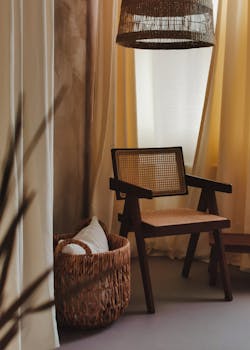 Warm bohemian interior design, featuring a wooden armchair, rattan basket, and soft lighting.