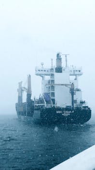 Photo by Ahmed Sadeq Large cargo ship sails through snowy ocean, creating a dramatic winter scene.