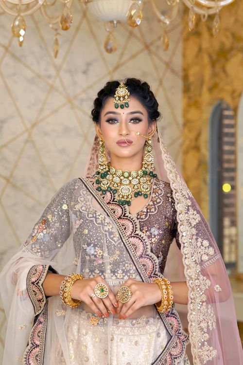 Free South Asian bride in ornate attire with traditional jewelry and a graceful veil. Stock Photo