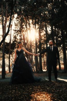 A couple in formal attire walking hand in hand through a sunlit forest.