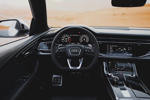 An elegant luxury car interior showcasing a digital dashboard and steering wheel in a desert setting.