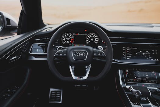 High-resolution image of a luxury car's dashboard and steering wheel showcasing sleek design.